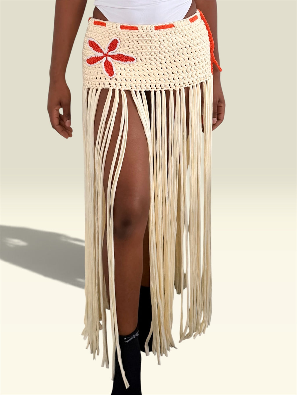 The Sway Beachwear Skirt | Handmade Crochet Fringe Skirt | Cream & Orange Flower Beach Cover-Up