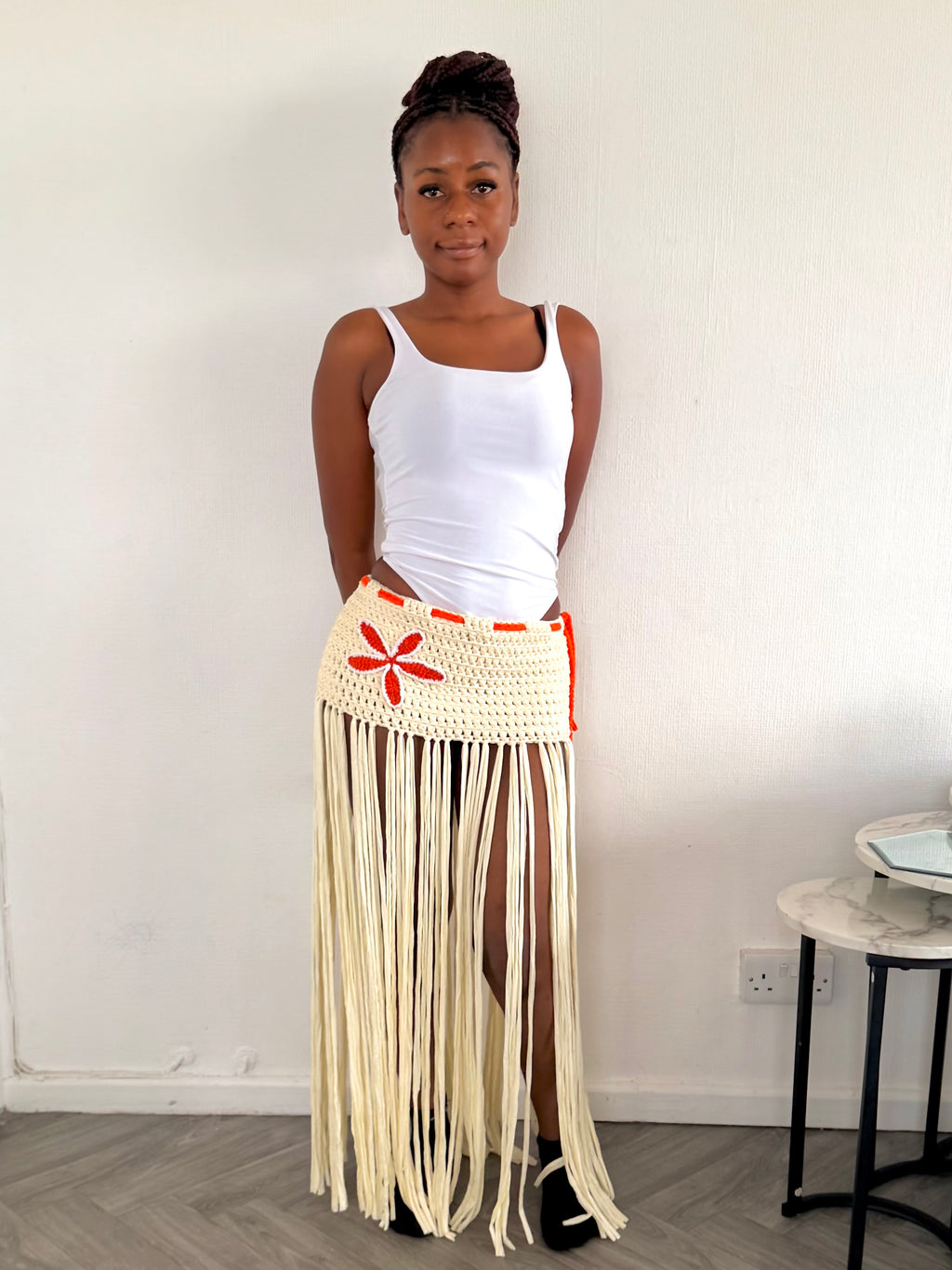 The Sway Beachwear Skirt | Handmade Crochet Fringe Skirt | Cream & Orange Flower Beach Cover-Up