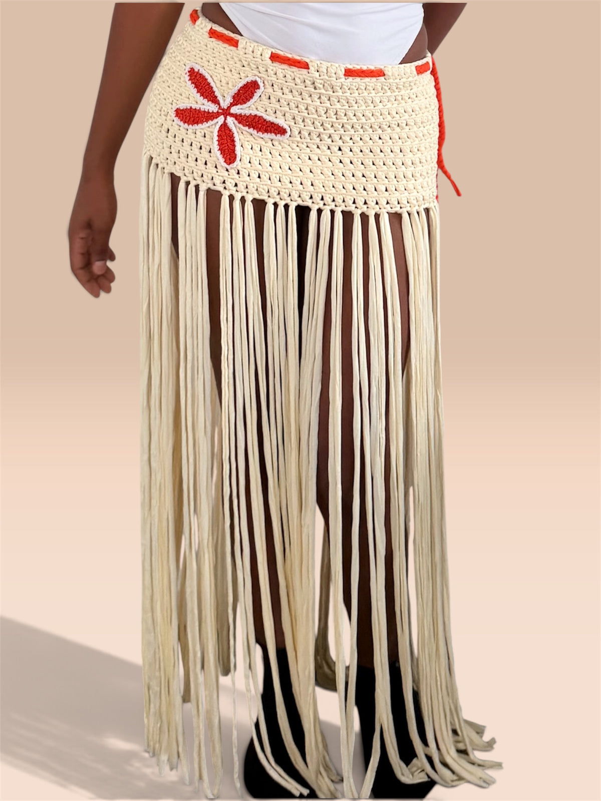 The Sway Beachwear Skirt | Handmade Crochet Fringe Skirt | Cream & Orange Flower Beach Cover-Up
