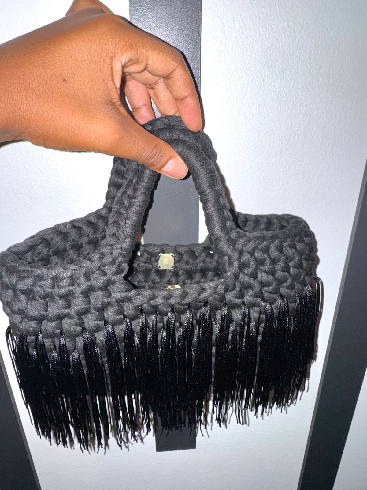 Crochet Fringe Bag, Handmade Boho Shoulder Bag, Ivory bridal, black  Handbag