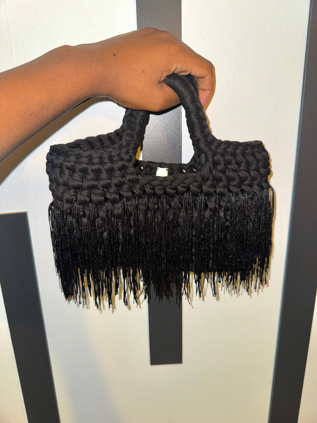 Crochet Fringe Bag, Handmade Boho Shoulder Bag, Ivory bridal, black  Handbag