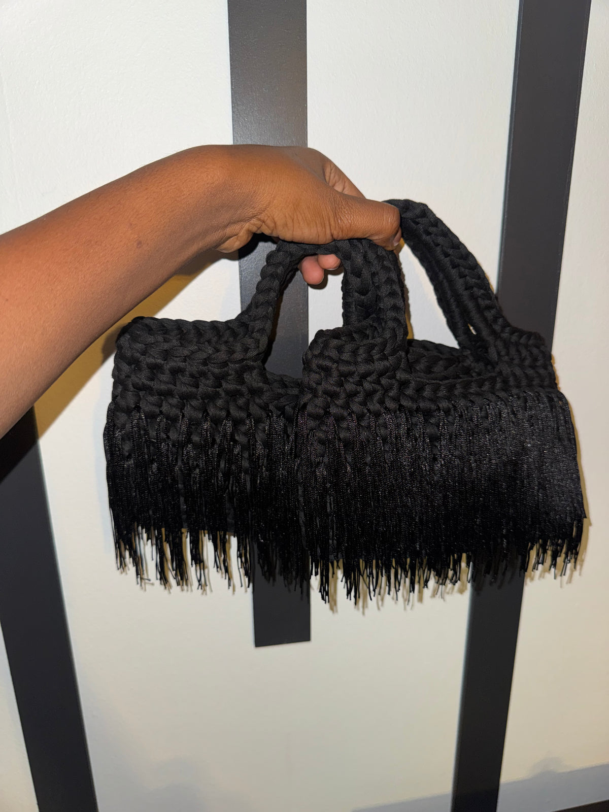 Crochet Fringe Bag, Handmade Boho Shoulder Bag, Ivory bridal, black  Handbag