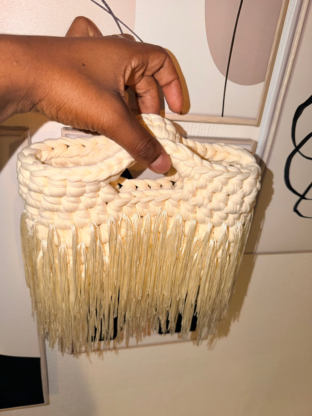 Crochet Fringe Bag, Handmade Boho Shoulder Bag, Ivory bridal, black  Handbag