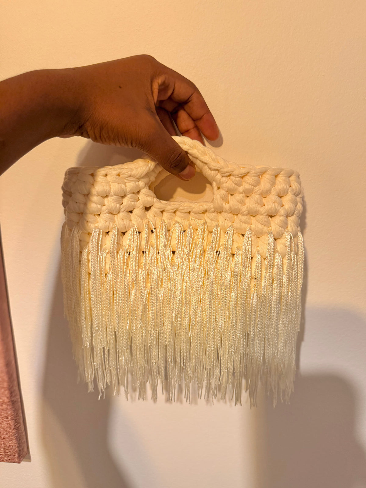 Crochet Fringe Bag, Handmade Boho Shoulder Bag, Ivory bridal, black  Handbag
