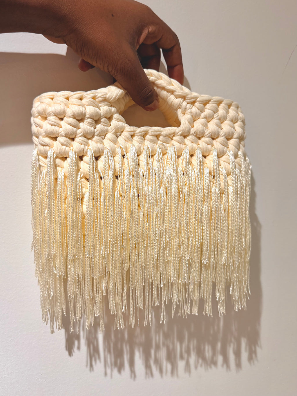 Crochet Fringe Bag, Handmade Boho Shoulder Bag, Ivory bridal, black  Handbag