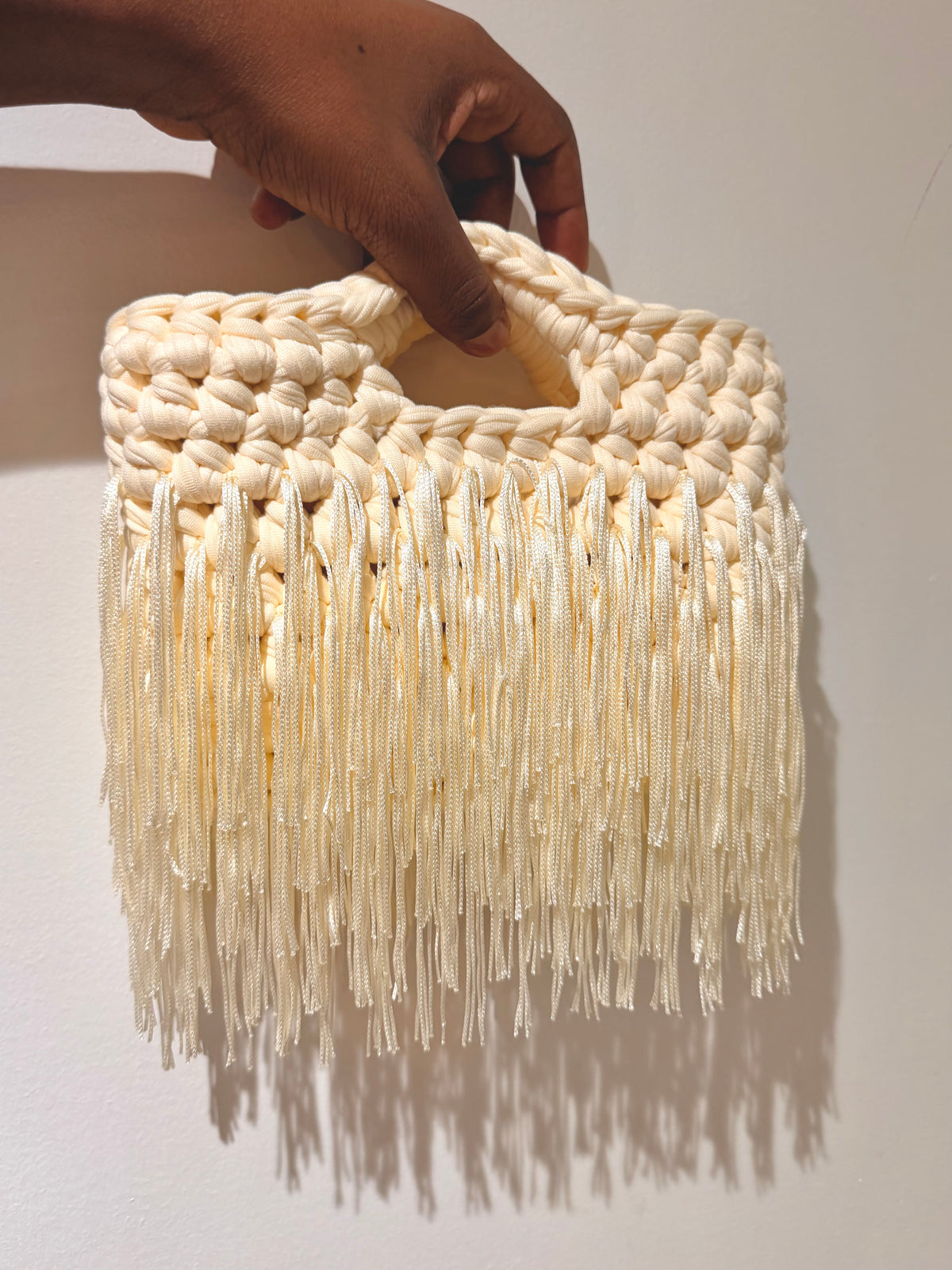 Crochet Fringe Bag, Handmade Boho Shoulder Bag, Ivory bridal, black  Handbag