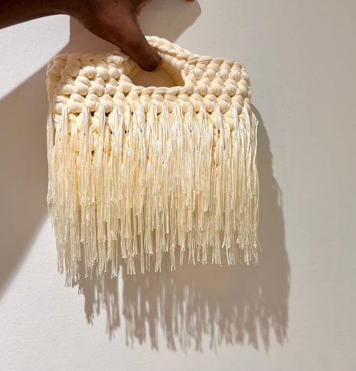 Crochet Fringe Bag, Handmade Boho Shoulder Bag, Ivory bridal, black  Handbag