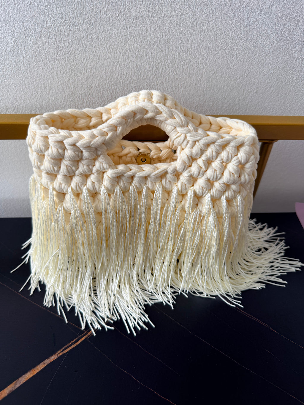 Crochet Fringe Bag, Handmade Boho Shoulder Bag, Ivory bridal, black  Handbag