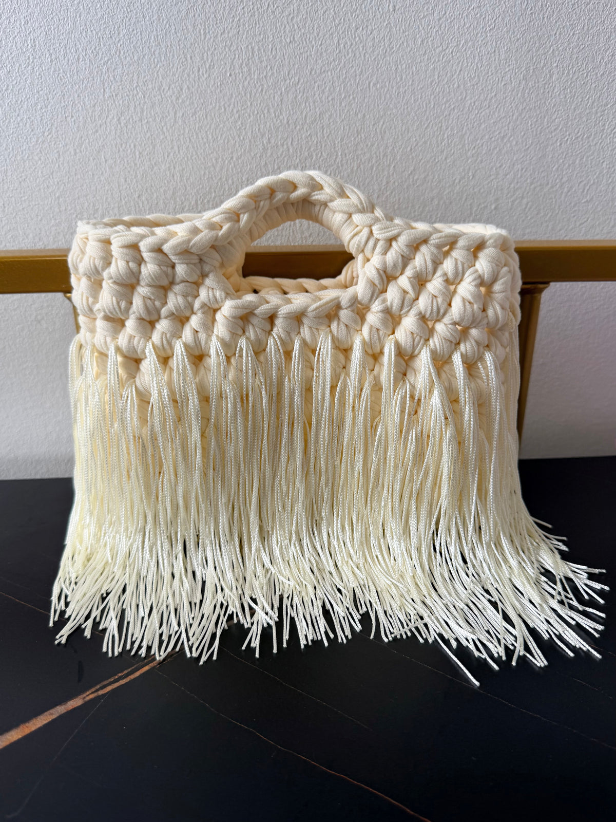 Crochet Fringe Bag, Handmade Boho Shoulder Bag, Ivory bridal, black  Handbag